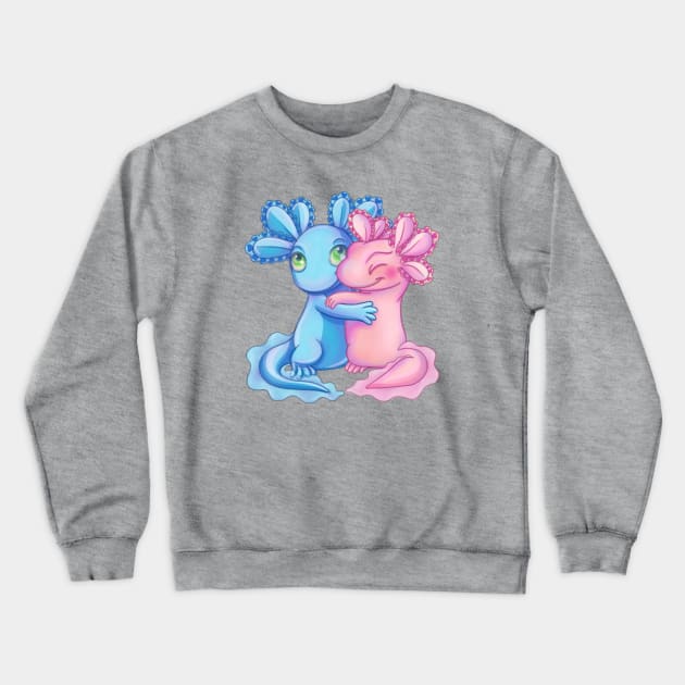 Kawaii Axolotl Love Birds Pink and Blue Crewneck Sweatshirt by CuddlyChimera